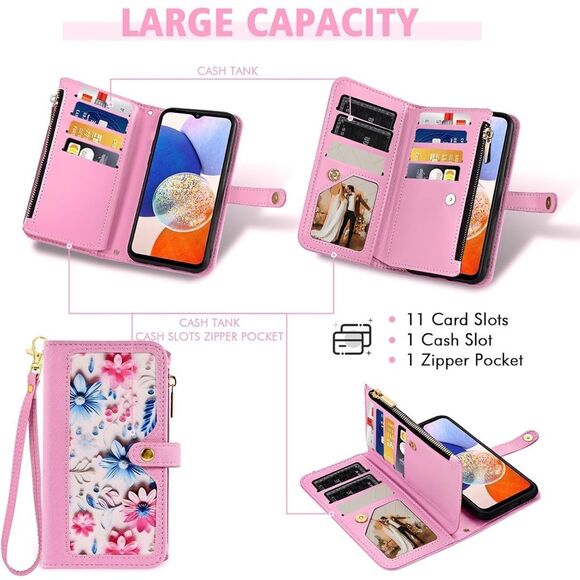 Samsung Galaxy A14 M14 5G Wallet Case Floral Wristlet Pink Card Holder Phone FC1 - Picture 5 of 8